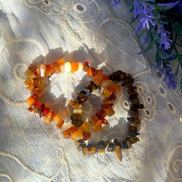 Set 2 Tumbled Gemstone Stretch Bracelets - Tiger Eye & Carnelian/Agate W/MOP - Picture 7 of 8